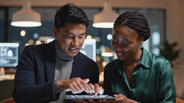 Business colleagues collaborating and discussing ideas while looking at a tablet device in a modern office environment