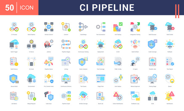 CI Pipeline Icon Set. ci process, build pipeline, version control, commit, code merge and more. Flat Style vector icons collection.