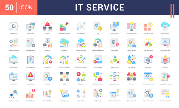 IT Service Icon Set. itsm process, service desk, incident, problem management, change request and more. Flat Style vector icons collection.