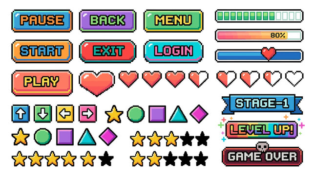 Pixel art game interface collection featuring colorful buttons, progress bars, health hearts and arcade navigation icons on white background, symbolizing retro gaming UI or app design