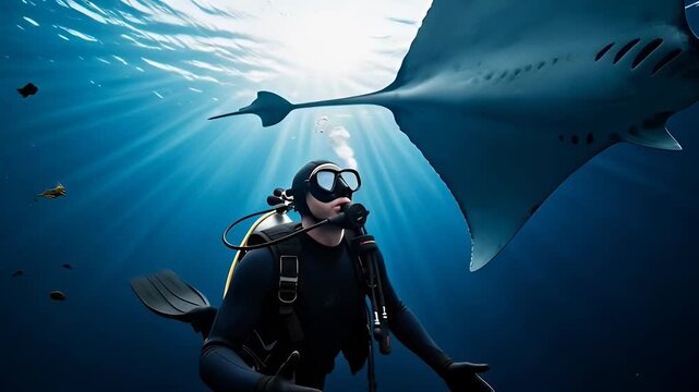 Scuba diver with giant manta ray.