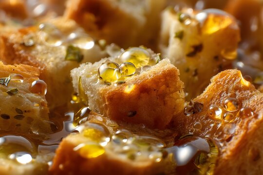 Croutons soaked in olive oil with herbs for culinary preparation, Acorda, Macro texture 