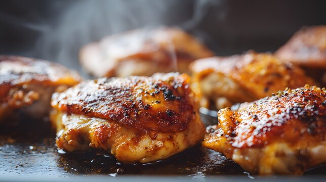 Juicy roasted baked chicken thighs with crispy skin on grill pan, Hero shot  