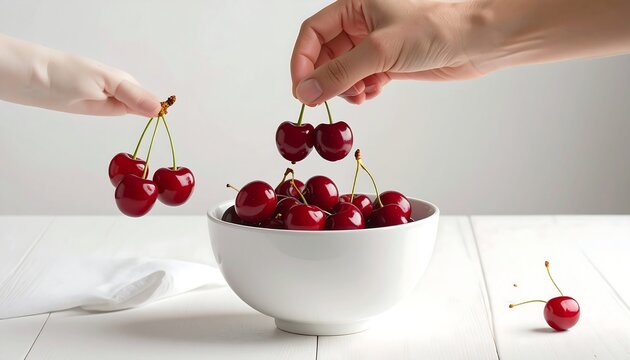 A bowl of cherries being picked by two hands