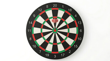 A dartboard with a red dart hitting the bullseye, centered on a white background, symbolizing accuracy and success.