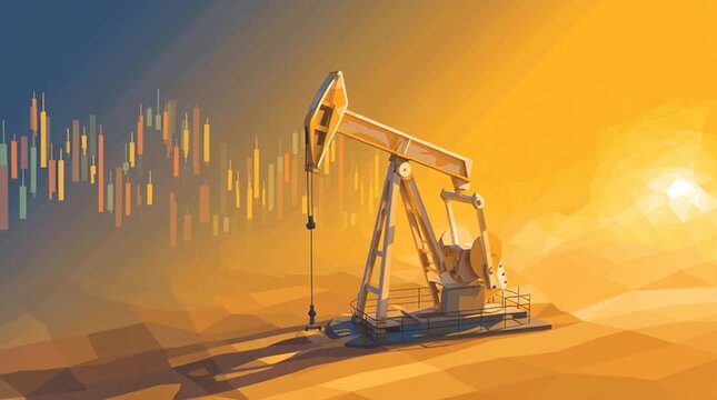 Oil Pump Jack Silhouette: The silhouette of an oil pump jack stands tall against a vibrant orange and yellow backdrop, highlighting the intersection of industry and the natural world.
