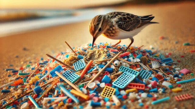 Video of macro microplastics scattered on sandy beach as small bird pecks plastic fragments highlighting pollution danger to wildlife and marine environment