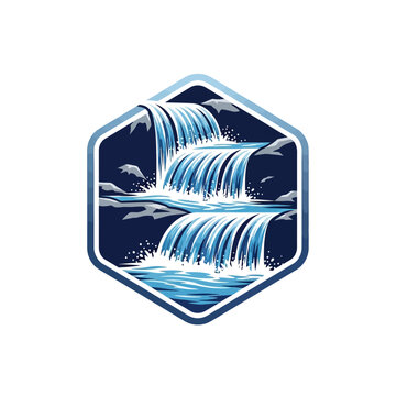 Hexagonal Logo with Three Cascading Waterfalls and Rocky Landscape on Isolated White Background