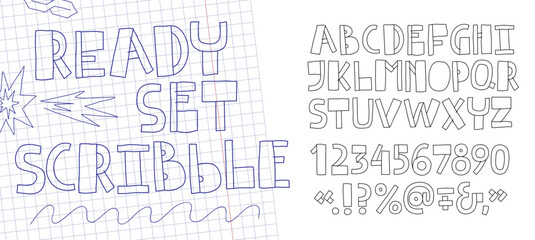 Hand drawn doodle font alphabet on grid paper background. Decorative creative typography with letters numbers and symbols. Artistic sketch lettering style for design and illustration. © Olga