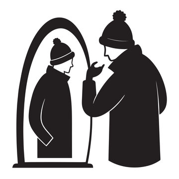 Man in winter clothing looking at himself in mirror, contemplating personal reflection and identity during cold weather season