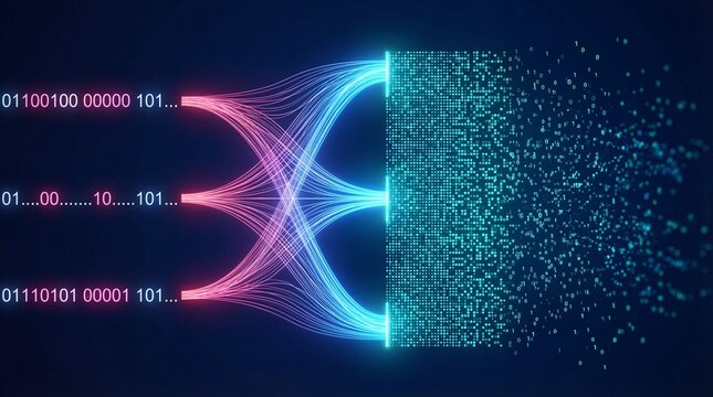 Futuristic digital illustration of binary code transforming into a particle stream