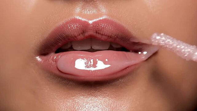 A clear, high-shine lip gloss is swiped across a woman&rsquo;s lips for a fresh aesthetic.