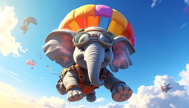 A cartoon elephant wearing goggles and a parachute flies through sky