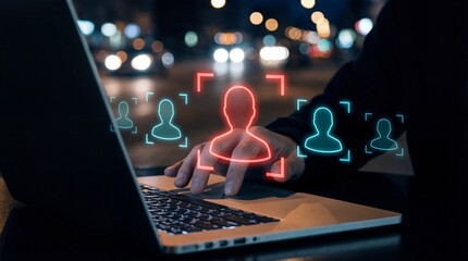 Person using laptop with digital icons and city lights in the background at night