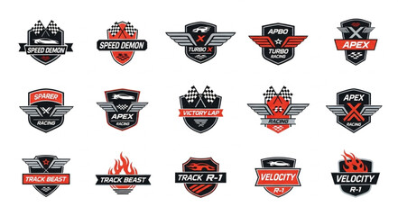 Collection of dynamic racing and sports emblems with wings and shields. © Reza