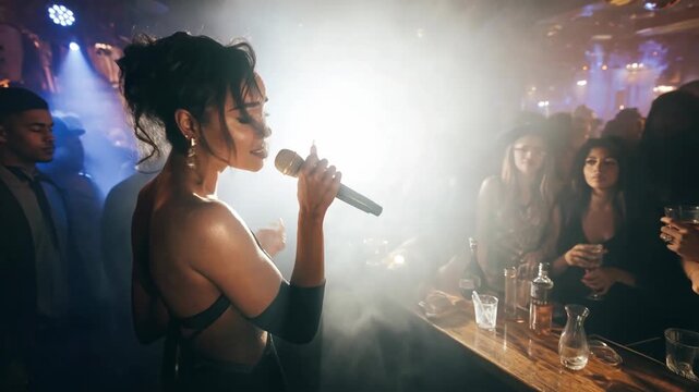 Female singer performing inside lively nightclub surrounded by crowd colorful lights and vibrant music atmosphere with cinematic realism in warm atmospheric light