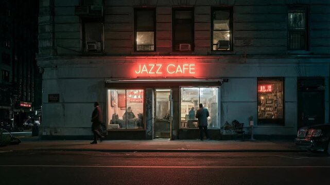 Night view of glowing jazz cafe entrance with warm lights inviting visitors into lively music venue atmosphere with cinematic realism in warm atmospheric light at night