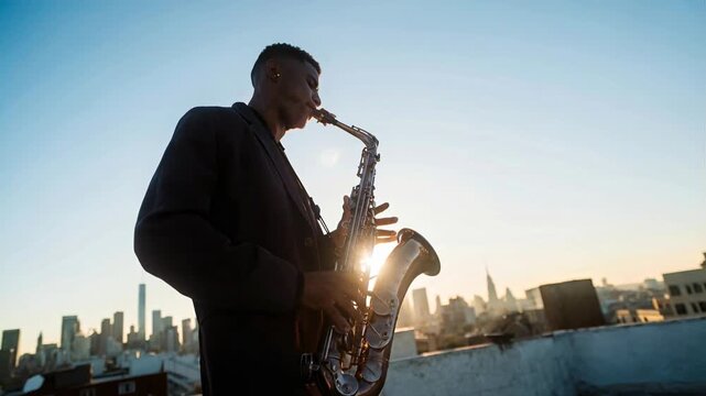 Saxophone musician performing soulful melody outdoors with skyline in background creating expressive urban music scene with cinematic realism in warm atmospheric light
