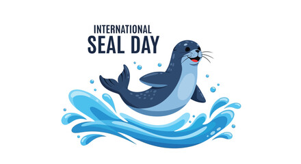 A cartoon seal swims through waves on International Seal Day, promoting marine mammal conservation awareness with a playful illustration design. © Rahmat