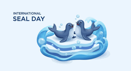 Vector illustration of two seals on melting ice for International Seal Day, promoting seal conservation awareness with a blue and white color scheme. © Rahmat