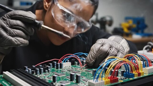 Female technician glove safety glasses soldering circuit board electronic component wire technology repair workshop focused precision smoke engineering electrical maintenance professional innovation