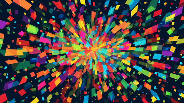 Vibrant confetti burst, colorful geometric triangles and rectangles flying from the center