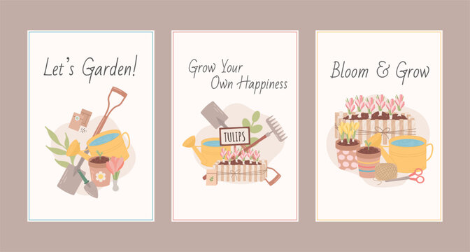 Set of 3 modern gardening posters in flat style, featuring garden tools, watering cans, seed packets, potted flowers and motivational quotes. Perfect for spring decor, gardening themes, home wall art