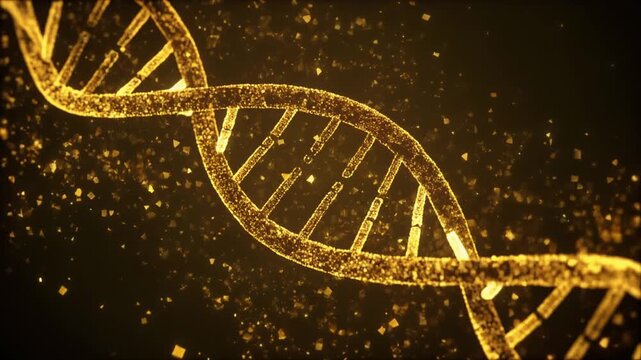 Golden glowing DNA double helix structure with sparkling particles on a dark background, representing genetics and molecular biology.