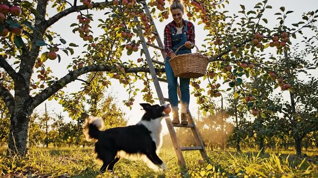 Woman picking apples with dog.
