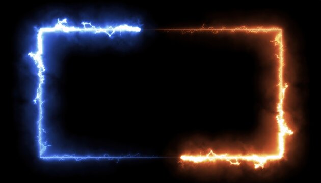 A glowing rectangular frame with electric blue and fiery orange lightning effects on a black background.