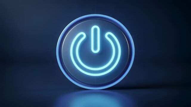 Glowing blue power button symbol on dark background technology concept