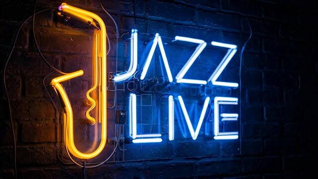 Bright blue neon jazz live sign with stylized saxophone glowing on textured brick wall creating vibrant nightlife club atmosphere and musical culture concept