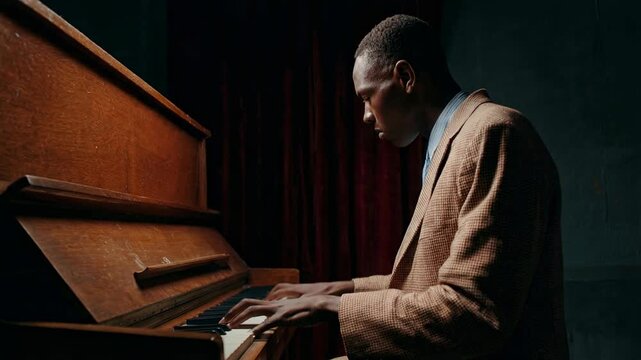 Pianist playing upright piano in dim jazz club illuminated by warm stage lighting creating intimate atmosphere of live musical improvisation