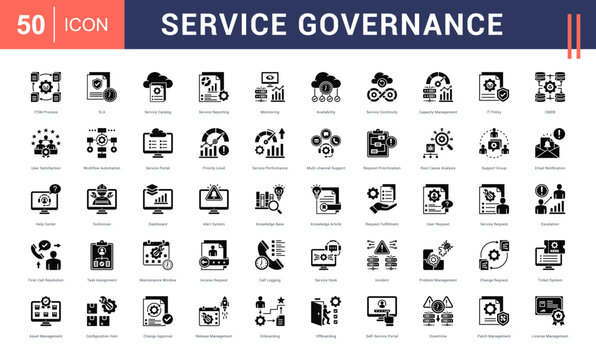 Service Governance Icon Set. itsm process, sla, service catalog, service reporting, monitoring and more. Glyph Style vector icons collection.