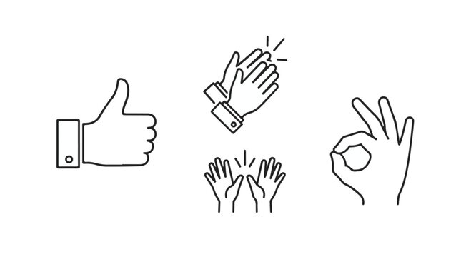Set of hand gesture line icons vector illustration. Thumbs up, clapping, and OK signs isolated. isolated PNG with Transparent Background