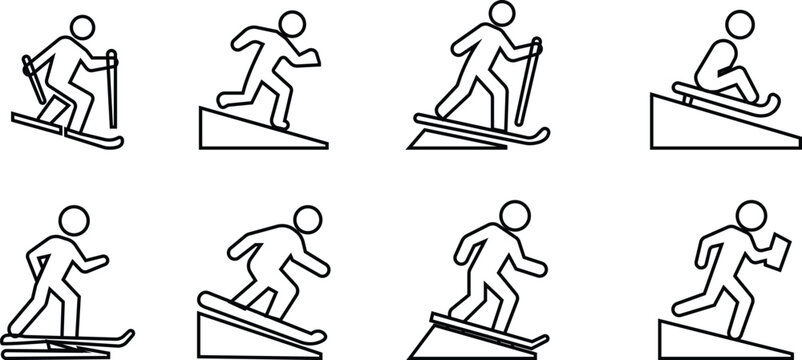 Hill Sports Icon set. Hill sports. Solid vectors of hill sports, downhill running, mountains sledding, skiing, snowboarding, silhouettes grass boarding, trail running, abstract outdoor symbol diagram