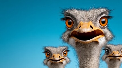 Obraz premium Three cartoon-style ostriches with large eyes and expressive faces against a bright blue background, showcasing their unique features and vibrant colors