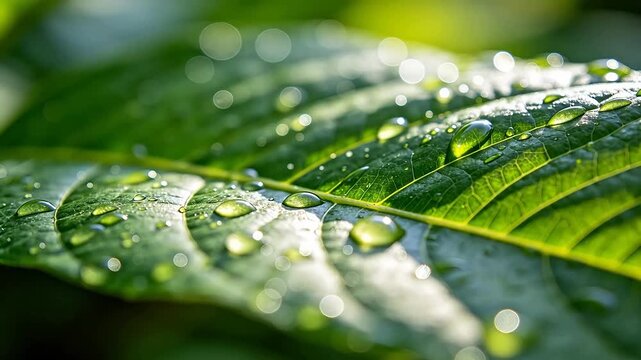 Green leaves with crystal clear water droplets in natural light