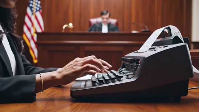 Woman typing on old typewriter.