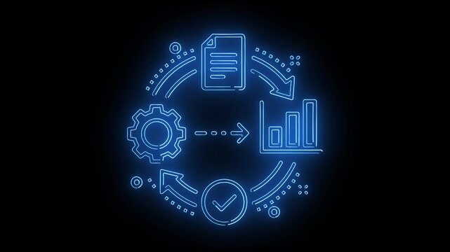 Neon blue flowchart diagram with gear, document, bar chart, and checkmark icons in a circular process on a black background with a futuristic feel.