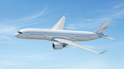 Obraz premium Modern Commercial Airplane Flying in Clear Blue Sky with Turbofan Engines