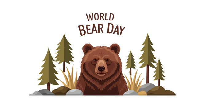 Illustration of a brown bear in a natural forest habitat with trees and rocks for World Bear Day conservation awareness campaign.