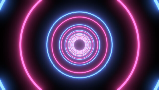 Glowing pink and blue concentric neon rings forming a futuristic tunnel, abstract portal background with symmetry, depth, and soft blur