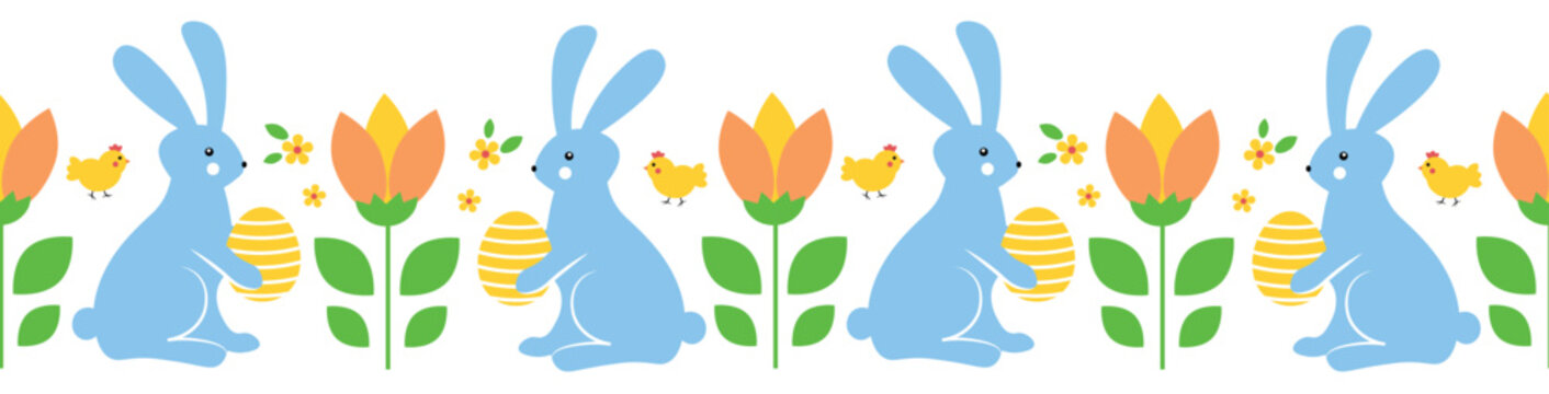 Seamless pattern with rabbits and flowers on a white background