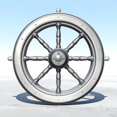 Obraz premium A metallic ship's steering wheel on a concrete floor
