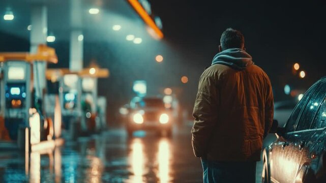 Nocturnal Gathering at the Petrol Station: A solitary figure, clad in warm attire, stands by their car at a petrol station at night. The scene captures the tranquility and solitude of the late hours.