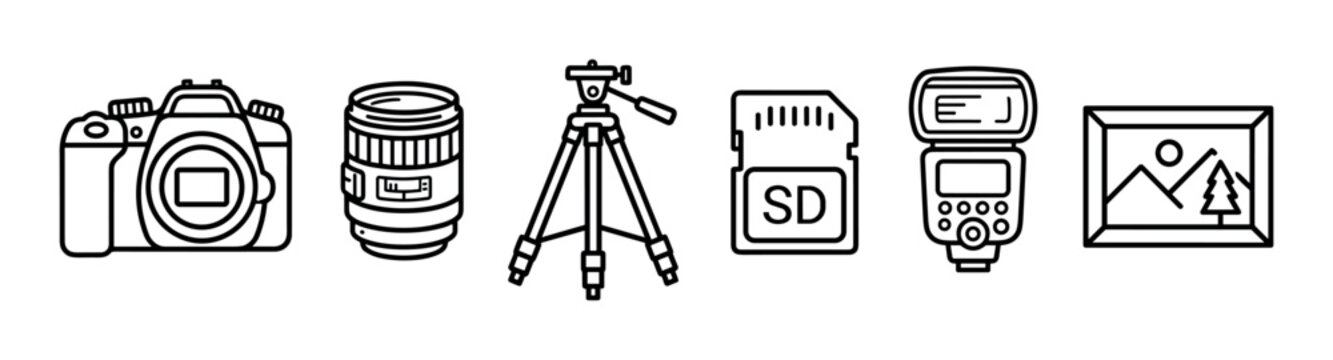 Set of black photography equipment icons in a minimalist line art style, including a camera, lens, tripod, memory card, flash, and a framed picture
