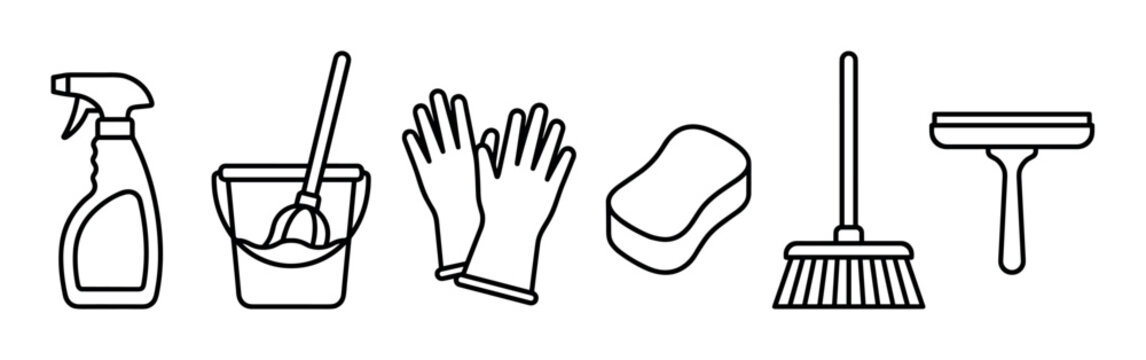 Set of minimalist cleaning supply icons drawn in a simple black outline style, featuring a spray bottle, mop, bucket, gloves, sponge, broom, and a window squeegee