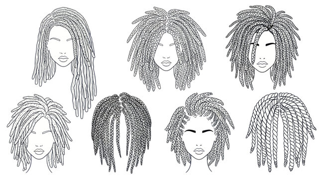 Collection of Diverse Dreadlock Hairstyles - Black and White Line Art