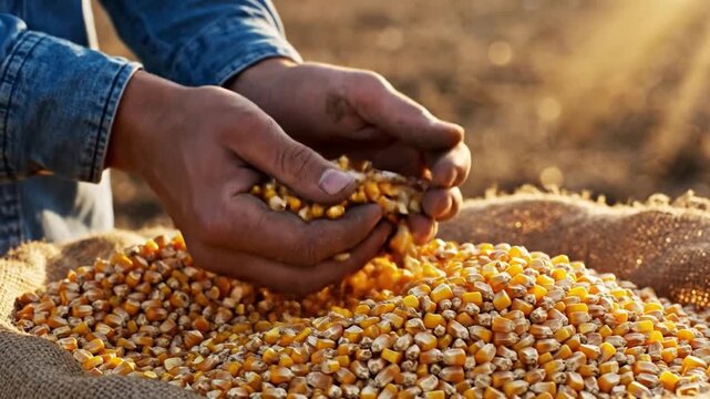 Hands Holding Corn Kernel Agriculture Harvest Farm Food Organic Rural Crop Grain Autumn Yellow Natural Healthy Nutrition Closeup Outdoor Sunlight Sack Seed Fresh Ingredient Produce Countryside